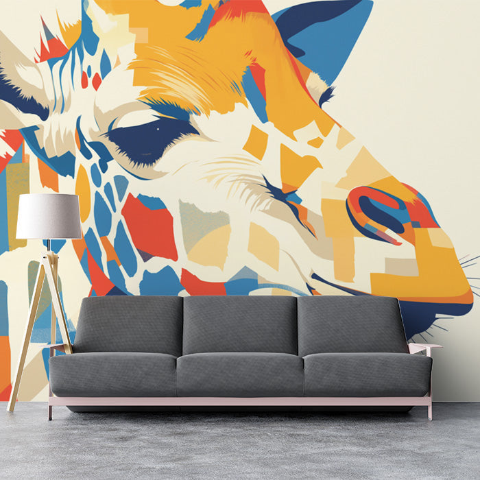 Abstract Giraffe Mural Wallpaper in Living Room | Orange, Blue, Yellow, and Red Giraffe -4