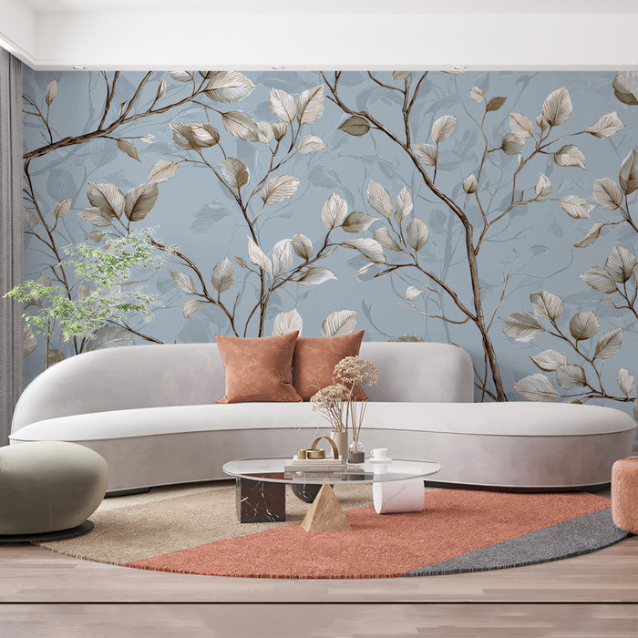 Subtle Twig & Leaf Mural Wallpaper | Rustic Minimalist