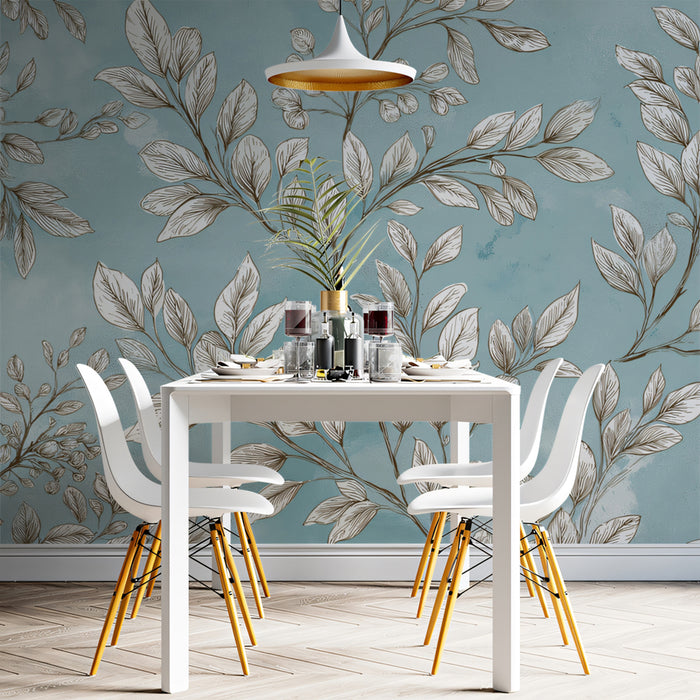 Ethereal Leafy Branch Mural Wallpaper | Watercolor Botanical Sketch