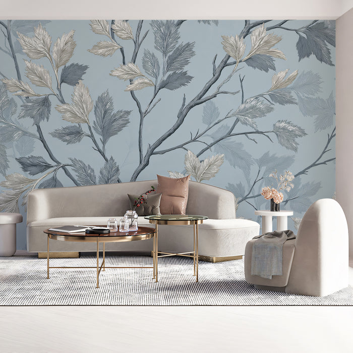 Whispering Branch Mural Wallpaper | Silver & Blue Leaf Art