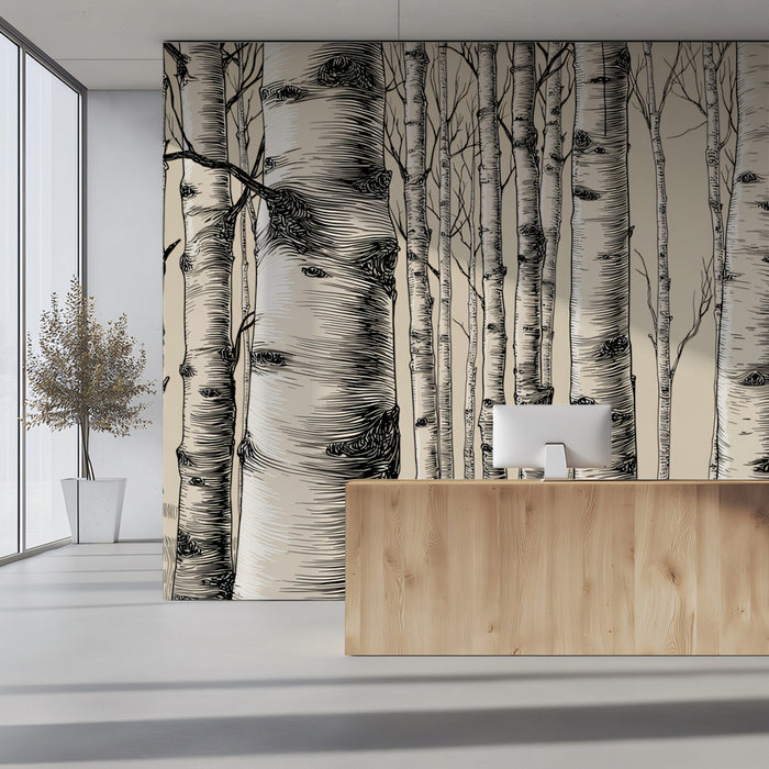 Classic Birch Forest Mural Wallpaper | Hand-Drawn Woodgrain