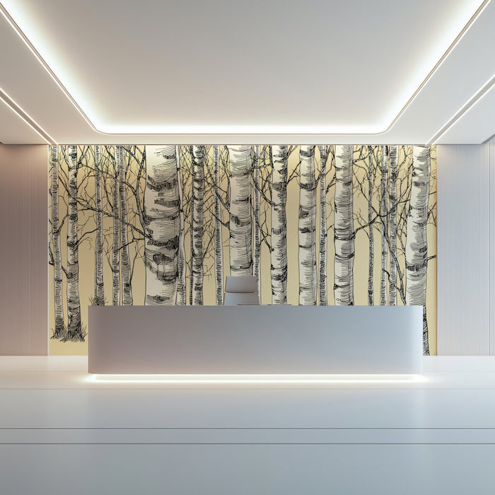 Vintage Birch Forest Mural Wallpaper | Textured Sketch