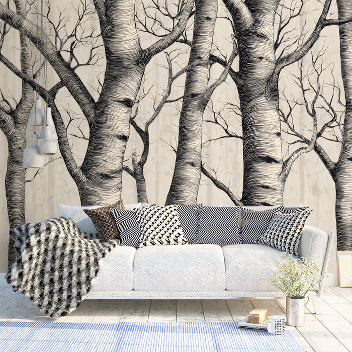 Minimalist Birch Mural Wallpaper | Modern Sketch Art