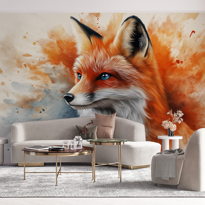 Fox Head Mural Wallpaper in Living Room | Orange, White, and Blue Fox