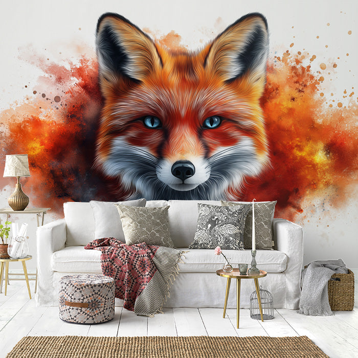 Fox Head Mural Wallpaper in Living Room | Orange, White, and Blue Fox -1