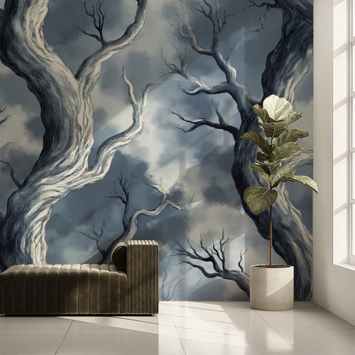 Twisted Winter Tree Mural Wallpaper | Dramatic Sky Backdrop