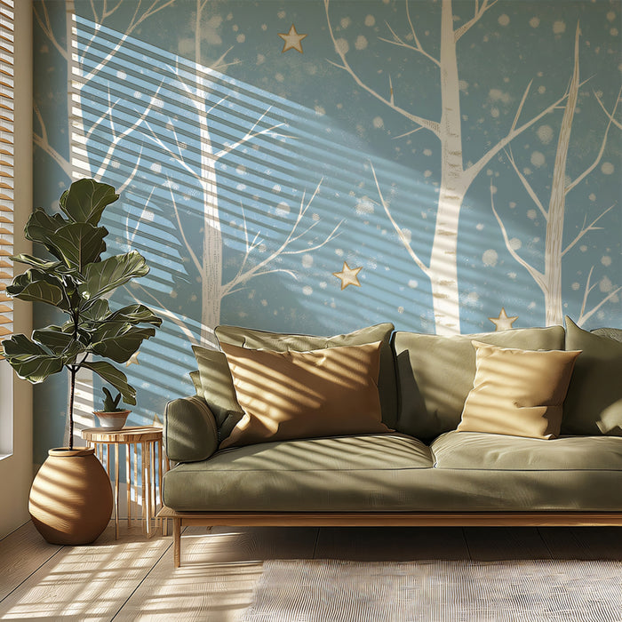 Carta da parati con foresta di betulle capricciosa | Scena invernale stellata