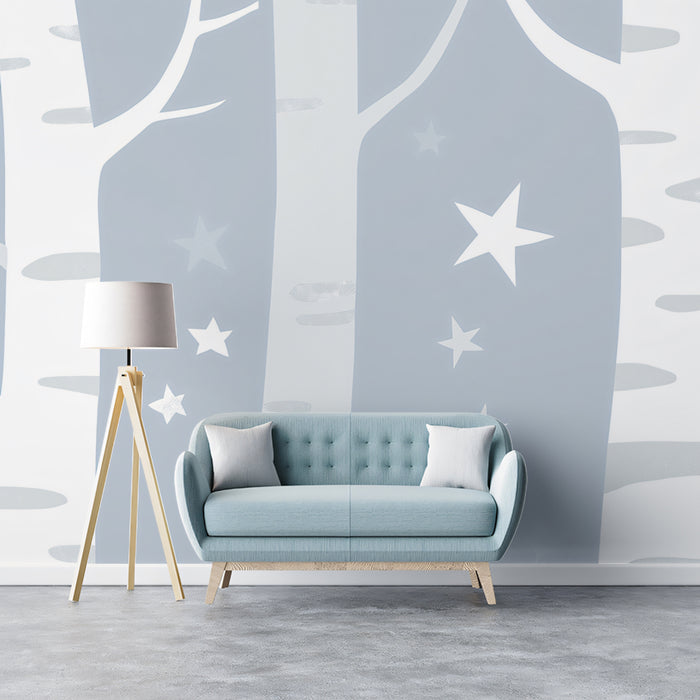 Serene Birch Forest Mural Wallpaper | Minimalist Starry Sky