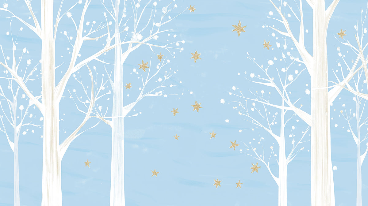 Papel pintado mural de bosque invernal brillante | Acentos de estrellas doradas