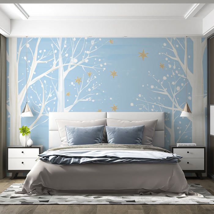 Papel pintado mural de bosque invernal brillante | Acentos de estrellas doradas