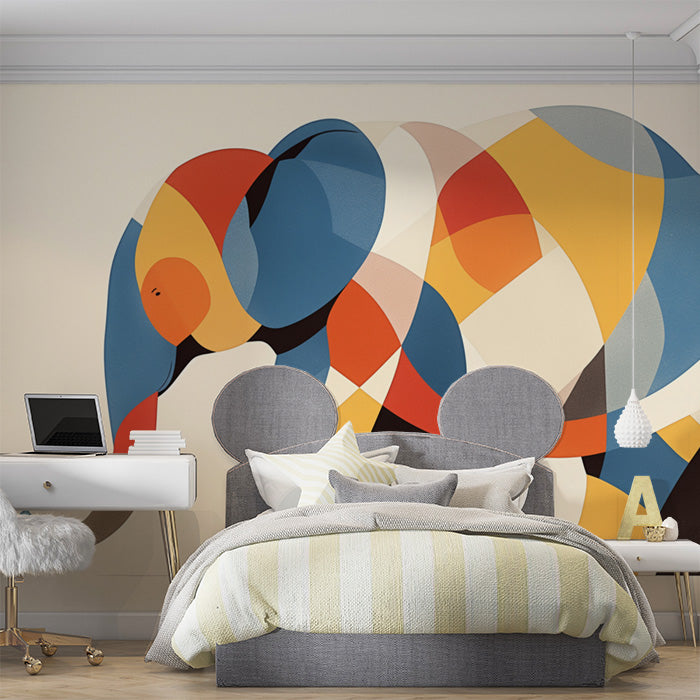 Abstract Elephant Mural Wallpaper in Bedroom | Various Colors (Blue, Orange, Yellow, etc.) of Elephant