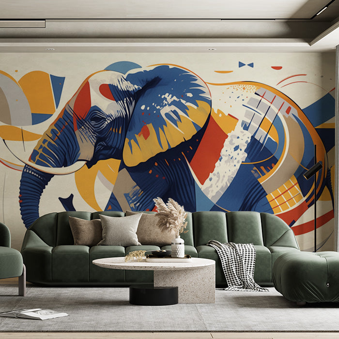 Abstract Elephant Mural Wallpaper in Bedroom | Various Colors (Blue, Orange, Yellow, etc.) of Elephant -1