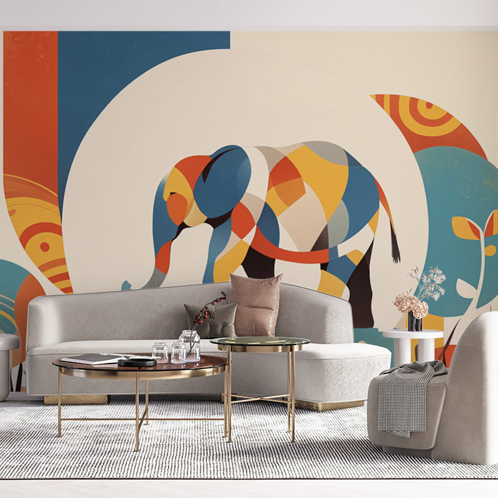 Abstract Elephant Mural Wallpaper in Bedroom | Various Colors (Blue, Orange, Yellow, etc.) of Elephant -2