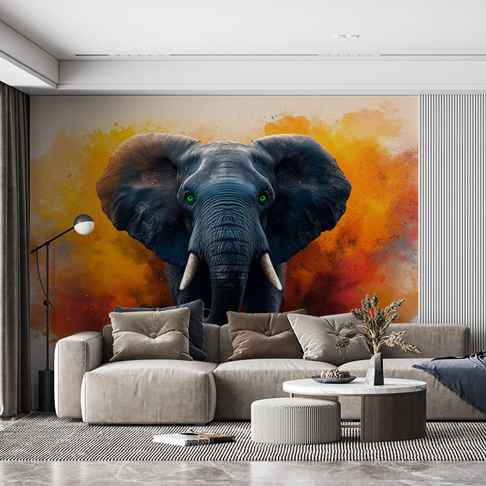 Elephant Head Mural Wallpaper in Living Room | Blue, Orange, and Various Earth Tones with Elephant