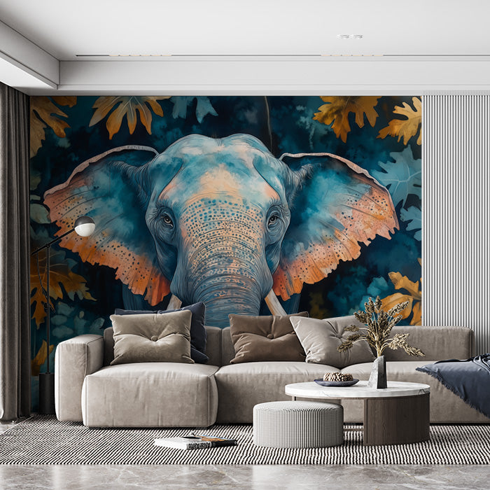 Elephant Head Mural Wallpaper in Living Room | Blue, Orange, and Various Earth Tones with Elephant -1