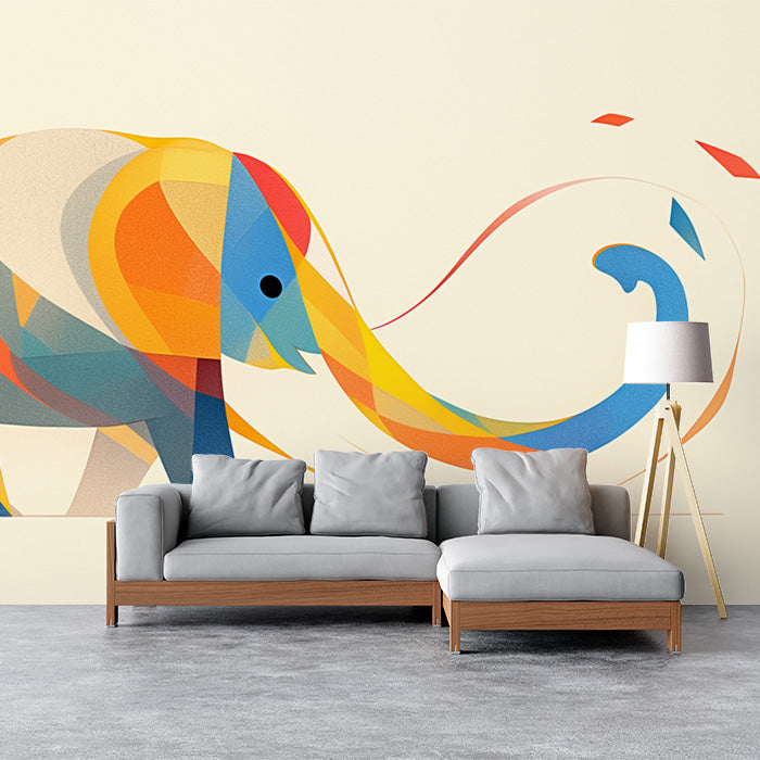 Abstract Elephant Mural Wallpaper in Bedroom | Various Colors (Blue, Orange, Yellow, etc.) of Elephant -4