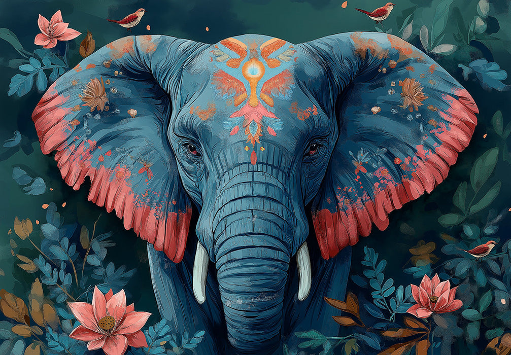 Papel tapiz mural de cabeza de elefante en la sala de estar | Azul, naranja y varios tonos tierra con elefante