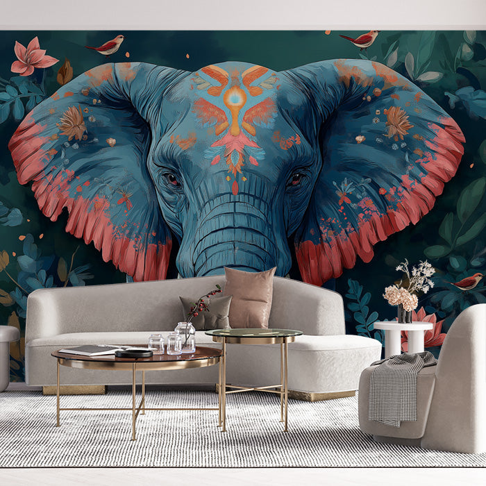 Elephant Head Mural Wallpaper in Living Room | Blue, Orange, and Various Earth Tones with Elephant -2