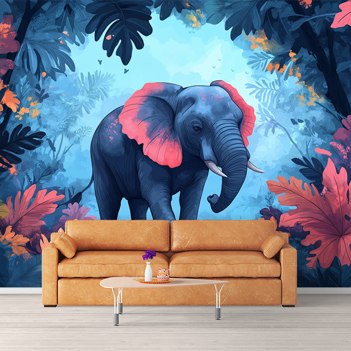Elephant Head Mural Wallpaper in Living Room | Blue, Orange, and Various Earth Tones with Elephant -3