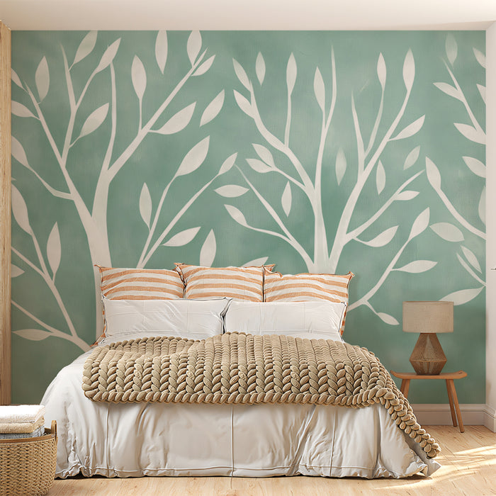 Aqua Green Tree Mural Wallpaper | Minimalist Leaf Silhouette
