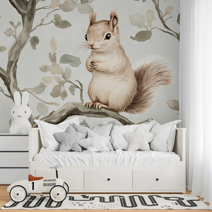 Squirrel & Branch Mural Wallpaper | Soft Woodland Pattern