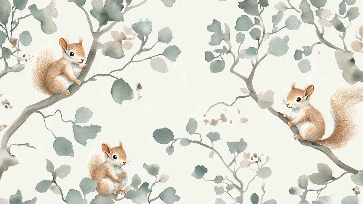 Carta da parati con scoiattolo e ramo | Acquerello etereo