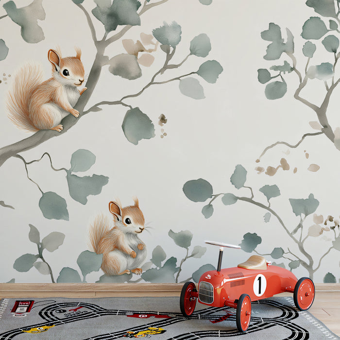 Squirrel & Branch Mural Wallpaper | Ethereal Watercolor