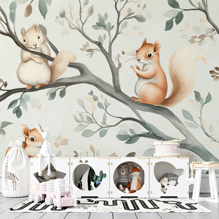 Playful Squirrels Mural Wallpaper | Rustic Woodland