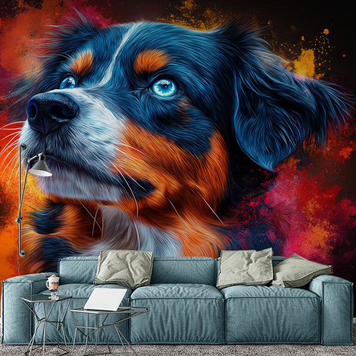 Dog Portrait Mural Wallpaper in Living Room | Blue, Orange, Red, and Black Dog