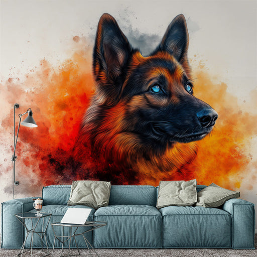 Dog Portrait Mural Wallpaper in Living Room | Blue, Orange, Red, and Black Dog -1