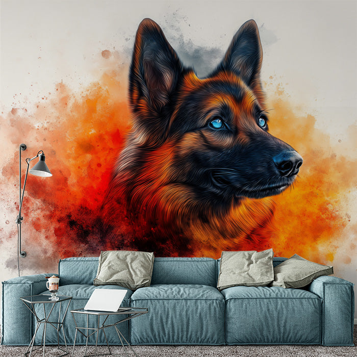 Dog Portrait Mural Wallpaper in Living Room | Blue, Orange, Red, and Black Dog -1