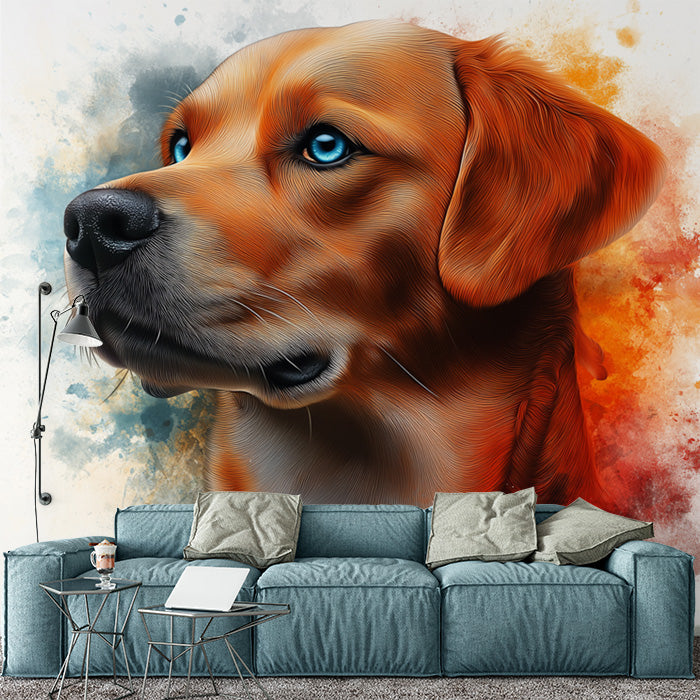 Dog Portrait Mural Wallpaper in Living Room | Blue, Orange, Red, and Black Dog -2