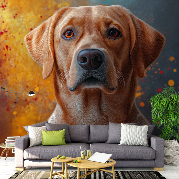 Dog Portrait Mural Wallpaper in Living Room | Blue, Orange, Red, and Black Dog -3