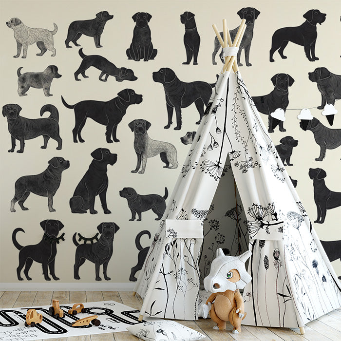 Dog Pattern Mural Wallpaper in Playroom | Black and Beige Dog