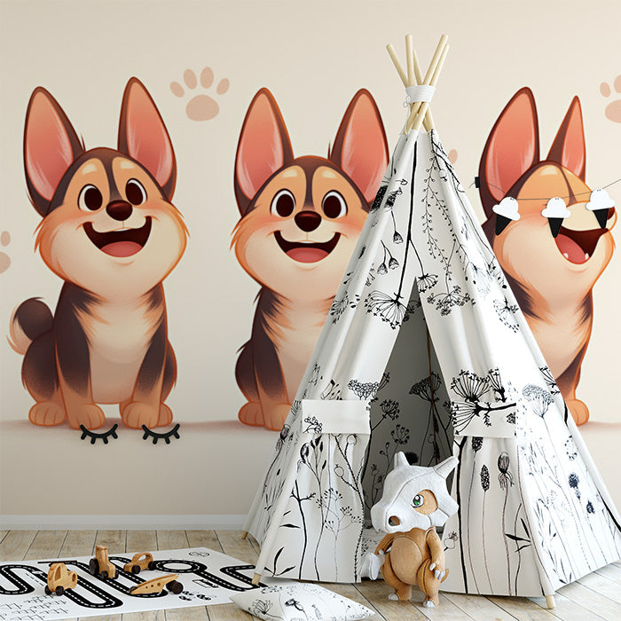 Cartoon Dog Mural Wallpaper in Playroom | Various Shades of Brown, Orange, and Beige Dog