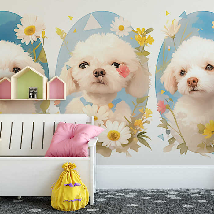 Puppy and Flower Mural Wallpaper in Bedroom | White, Blue, Yellow, and Pink Puppy