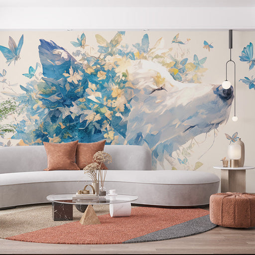 Wolf and Butterfly Mural Wallpaper in Living Room | Blue, White, and Yellow Wolf