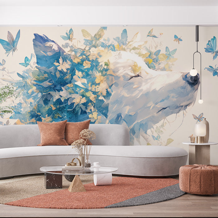 Wolf and Butterfly Mural Wallpaper in Living Room | Blue, White, and Yellow Wolf
