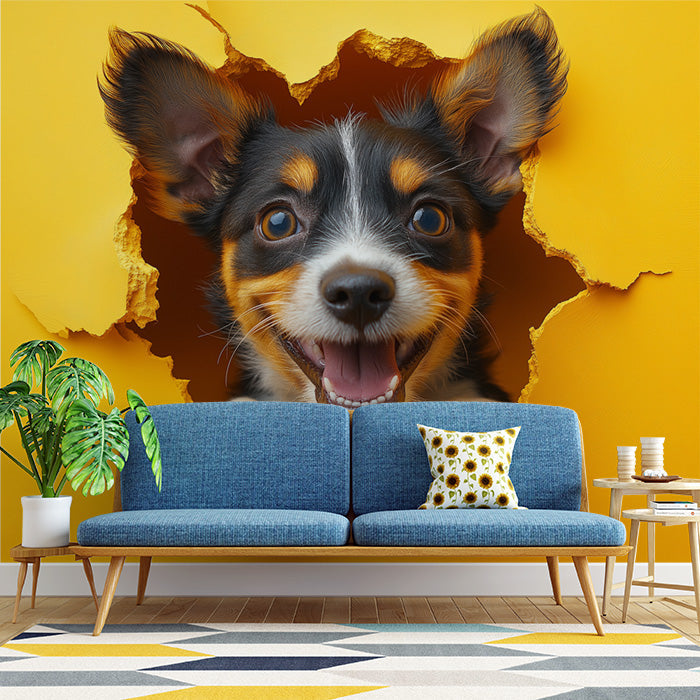 Dog Portrait Mural Wallpaper in Living Room | Blue, Orange, Red, and Black Dog -4