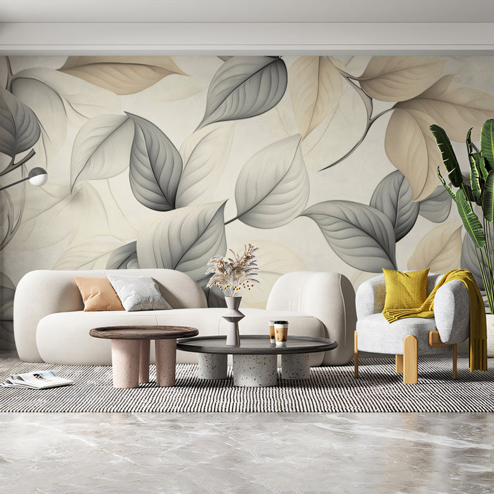 Taupe & Beige Leaf Mural Wallpaper | Artful Botanical Design
