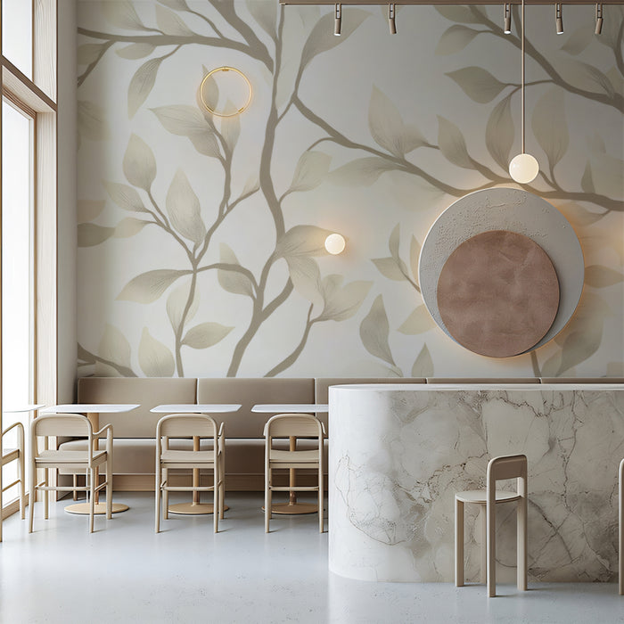 Neutral Leaf & Twig Mural Wallpaper | Minimalist Botanical