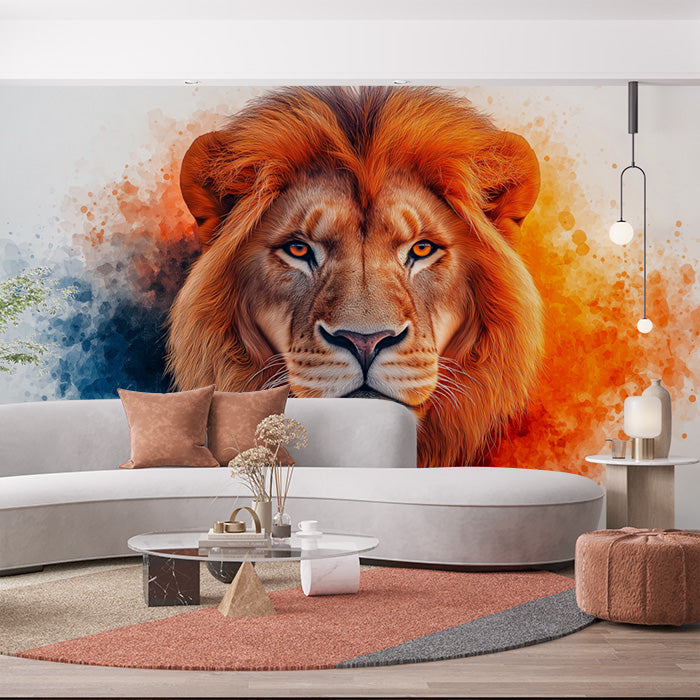 Lion Head Mural Wallpaper in Living Room | Orange, Blue, and Various Earth Tones of Lion
