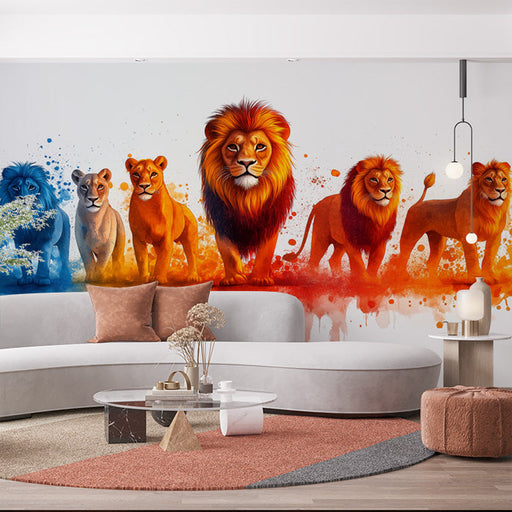 Lion Head Mural Wallpaper in Living Room | Orange, Blue, and Various Earth Tones of Lion -1