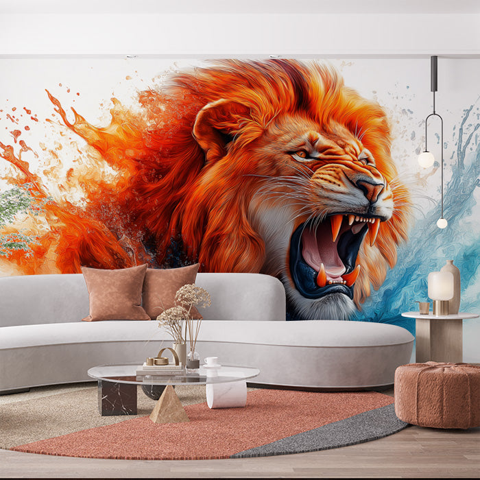 Lion Head Mural Wallpaper in Living Room | Orange, Blue, and Various Earth Tones of Lion -2