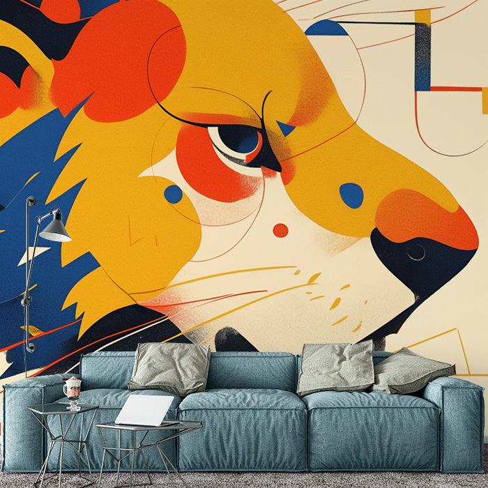 Abstract Lion Mural Wallpaper in Living Room | Various Colors (Yellow, Orange, Blue, etc.) of Lion