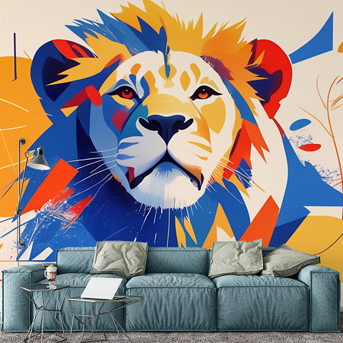 Abstract Lion Mural Wallpaper in Living Room | Various Colors (Yellow, Orange, Blue, etc.) of Lion -1