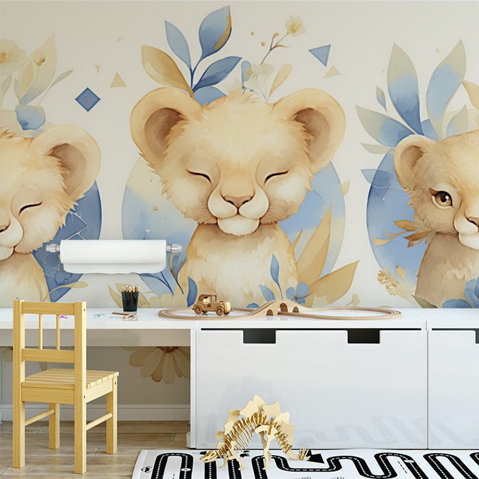 Lion Cubs Mural Wallpaper in Nursery | Beige, Blue, and Yellow Lion Cubs