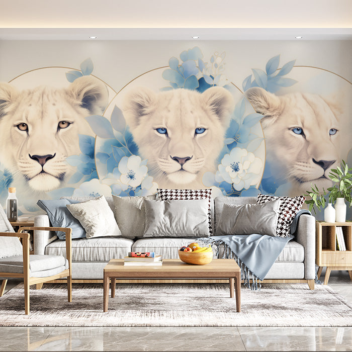 Lion Heads with Blue Flowers Mural Wallpaper in Living Room | Beige, Blue, and White Lion