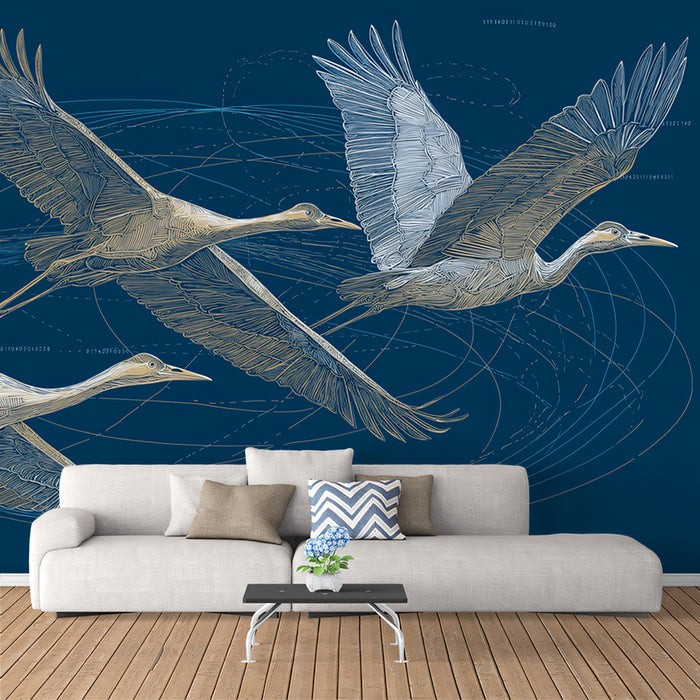 Serene Flying Cranes Mural Wallpaper | Minimalist Line Art