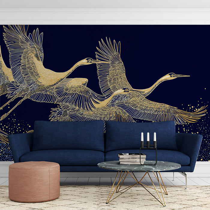 Golden Cranes & Stars Mural Wallpaper | Elegant Night Sky